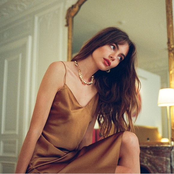 NWT Young Fabulous & Broke Evie Satin Slip Dress Caramel Camel Brown Camisole - Picture 3 of 6